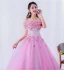 Elegant Candy Pink Prom Dresses 2019 Ball Gown Off-The-Shoulder Pearl Lace Flower Appliques Short Sleeve Backless Floor-Length / Long Formal Dresses