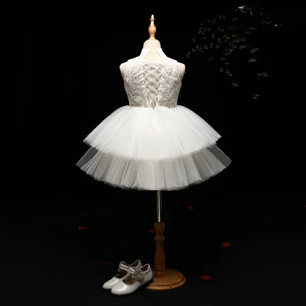 Chic / Beautiful Detachable Flower Girl Dresses 2017 Ball Gown Lace Appliques Crystal High Neck Sleeveless Asymmetrical Wedding Party Dresses