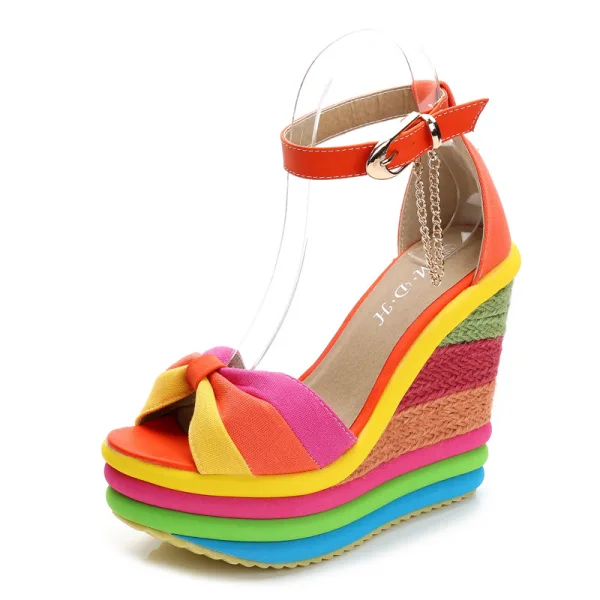 Modern / Fashion Multi-Colors Casual Womens Sandals 2019 Ankle Strap Bow 13 cm Wedges Open / Peep Toe Sandals