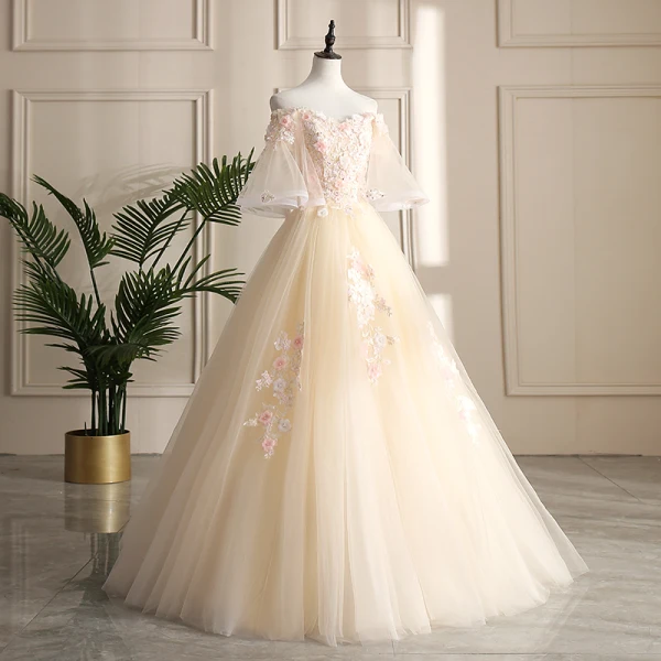 Chic / Beautiful Champagne Prom Dresses 2019 A-Line / Princess Off-The-Shoulder Lace Flower Appliques Pearl Sequins 1/2 Sleeves Backless Floor-Length / Long Formal Dresses