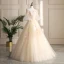 Chic / Beautiful Champagne Prom Dresses 2019 A-Line / Princess Off-The-Shoulder Lace Flower Appliques Pearl Sequins 1/2 Sleeves Backless Floor-Length / Long Formal Dresses
