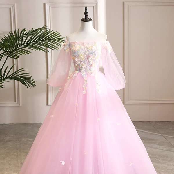 Elegant Candy Pink Prom Dresses 2019 A-Line / Princess Off-The-Shoulder Sequins Lace Flower Appliques 3/4 Sleeve Backless Floor-Length / Long Formal Dresses