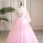 Elegant Candy Pink Prom Dresses 2019 A-Line / Princess Off-The-Shoulder Sequins Lace Flower Appliques 3/4 Sleeve Backless Floor-Length / Long Formal Dresses
