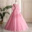 Chic / Belle Rose Bonbon Robe De Bal 2019 Princesse Encolure Dégagée Cristal Perle En Dentelle Fleur 3/4 Manches Longue Robe De Ceremonie