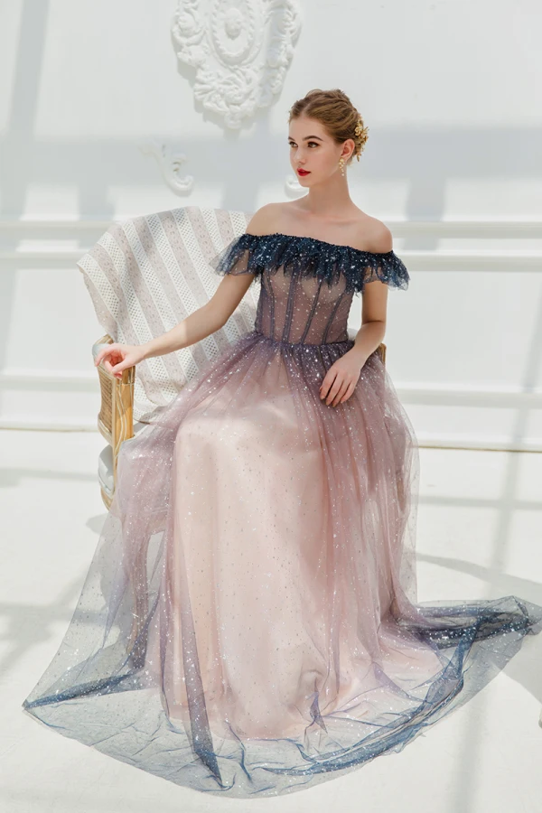 Glitzernden Rosa Abendkleider 2019 A Linie Off Shoulder Star Pailletten Kurze Ärmel Rückenfreies Lange Festliche Kleider