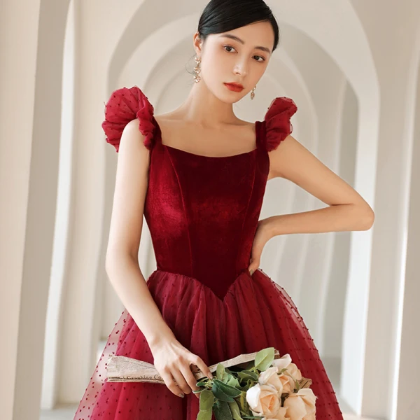 Chic / Beautiful Burgundy Suede Spotted Prom Dresses 2021 A-Line / Princess Square Neckline Sleeveless Backless Floor-Length / Long Prom Formal Dresses