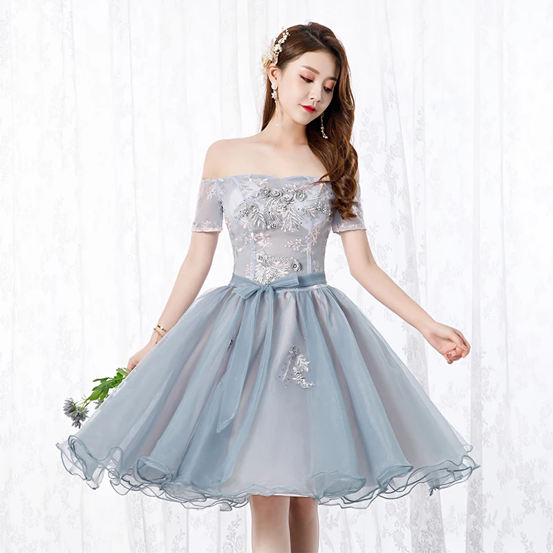 Chic Beautiful Silver Cocktail Dresses 2019 A Line Princess Off The  Shoulder Bow Pearl Lace Flower Short Sleeve Backless Short Formal Dresses