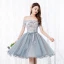 Chic / Beautiful Silver Cocktail Dresses 2019 A-Line / Princess Off-The-Shoulder Bow Pearl Lace Flower Short Sleeve Backless Short Formal Dresses