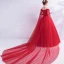 Affordable Red Wedding Dresses 2019 A-Line / Princess Off-The-Shoulder Beading Sequins Appliques Lace Flower Short Sleeve Backless Watteau Train