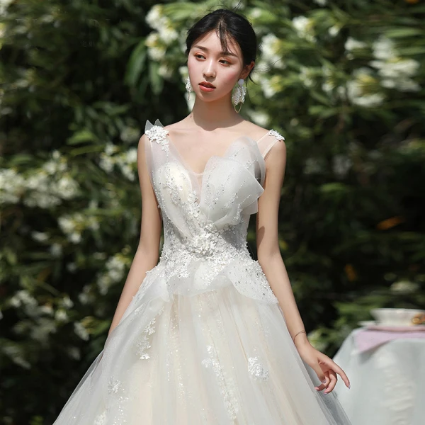 High-end Champagne Wedding Dresses 2019 A-Line / Princess V-Neck Beading Sequins Lace Flower Sleeveless Backless Chapel Train
