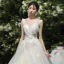 High-end Champagne Wedding Dresses 2019 A-Line / Princess V-Neck Beading Sequins Lace Flower Sleeveless Backless Chapel Train