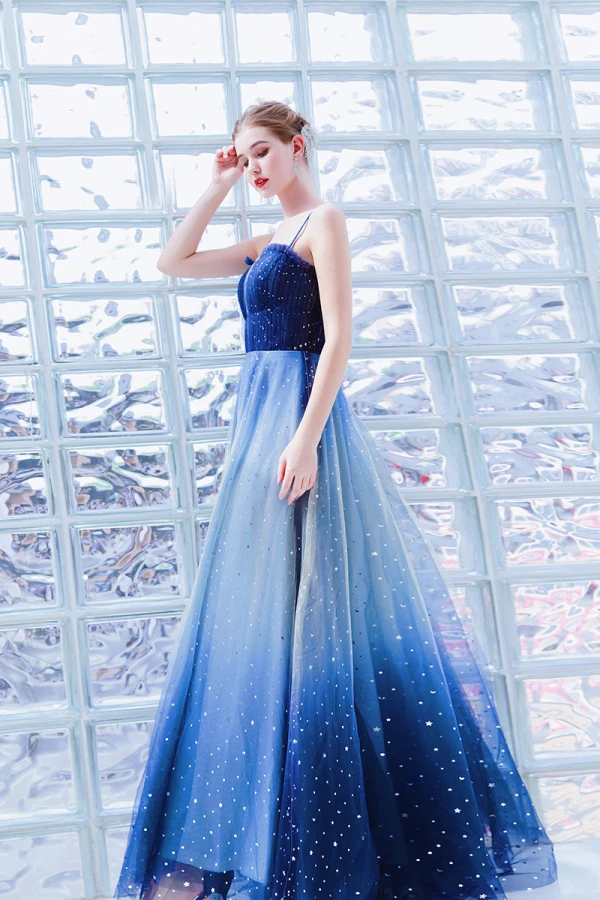 Modern / Fashion Ocean Blue Evening Dresses 2019 A-Line / Princess Spaghetti Straps Star Sequins Sleeveless Backless Floor-Length / Long Formal