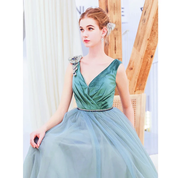Chic / Beautiful Jade Green Evening Dresses 2019 A-Line / Princess Suede V-Neck Rhinestone Sleeveless Backless Floor-Length / Long Formal Dresses