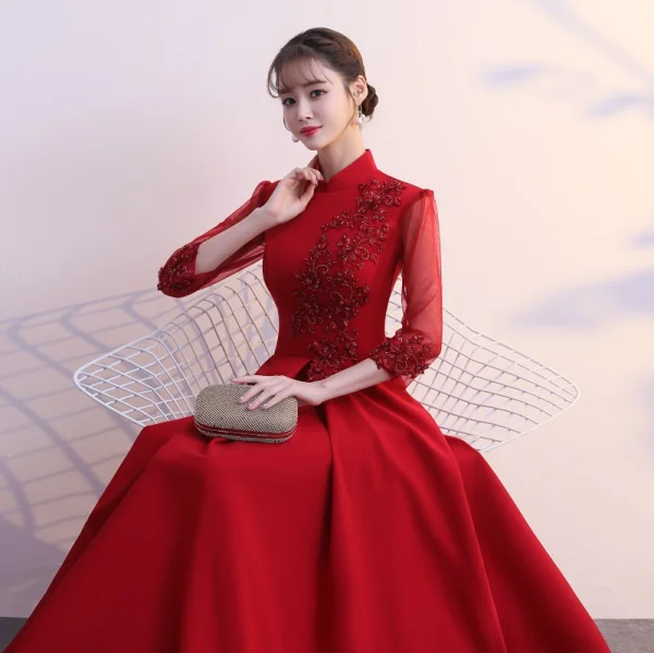 Classy Burgundy Evening Dresses 2019 A-Line / Princess High Neck Bow Lace Flower 1/2 Sleeves Floor-Length / Long Formal Dresses