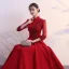 Classy Burgundy Evening Dresses  2019 A-Line / Princess High Neck Bow Lace Flower 1/2 Sleeves Floor-Length / Long Formal Dresses