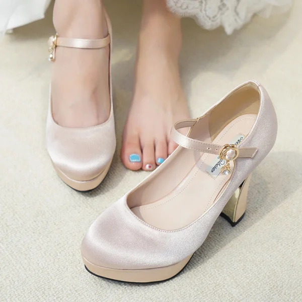 Vintage / Retro Champagne Wedding Shoes 2019 Buckle 11 cm Stiletto Heels Round Toe Wedding Pumps