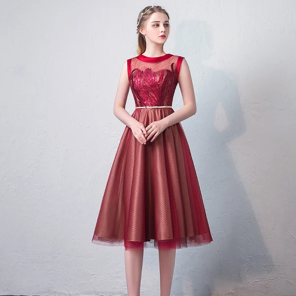Chic / Beautiful Burgundy Homecoming Graduation Dresses 2018 A-Line / Princess Lace Sequins Sash Scoop Neck Sleeveless Knee-Length Formal Dresses
