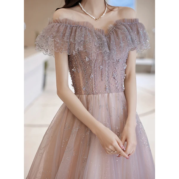 Charmant Violet Gris Robe De Soirée 2021 Princesse De l'épaule Perlage Perle Faux Diamant Manches Courtes Dos Nu Train De Balayage Robe De Ceremonie