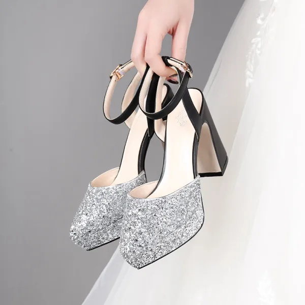 Schöne Rose Gold Brautschuhe 2019 Knöchelriemen Pailletten 11 cm Thick Heels Spitzschuh Hochzeit Hochhackige