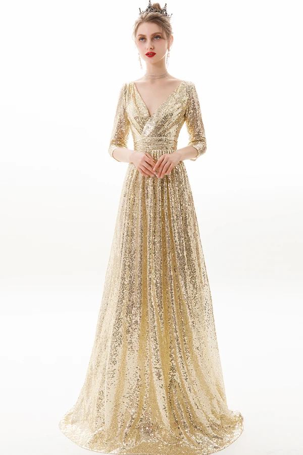 Sparkly Champagne Evening Dresses 2019 A-Line / Princess V-Neck Sequins 3/4 Sleeve Backless Floor-Length / Long Formal Dresses