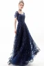 Elegancka Granatowe Sukienki Wieczorowe 2019 Princessa Kwadratowy Dekolt Cekiny Z Koronki Kwiat Kótkie Rękawy Bez Pleców Długie Sukienki Wizytowe