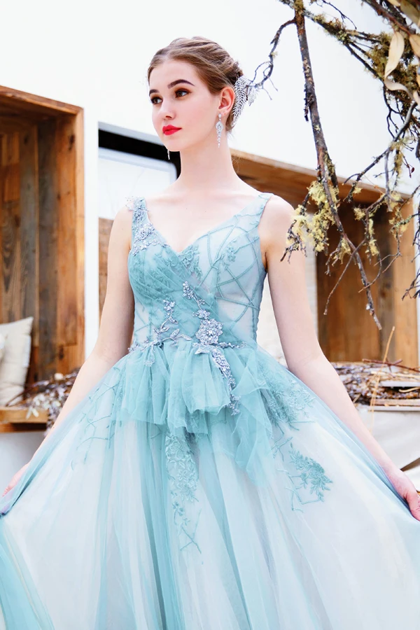 Chic / Beautiful Sky Blue Evening Dresses  2019 A-Line / Princess V-Neck Beading Pearl Sequins Lace Flower Sleeveless Backless Floor-Length / Long Formal Dresses