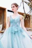 Chic / Beautiful Sky Blue Evening Dresses  2019 A-Line / Princess V-Neck Beading Pearl Sequins Lace Flower Sleeveless Backless Floor-Length / Long Formal Dresses