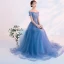 Chic / Beautiful Sky Blue Evening Dresses  2019 A-Line / Princess Off-The-Shoulder Beading Pearl Lace Flower Short Sleeve Backless Floor-Length / Long Formal Dresses
