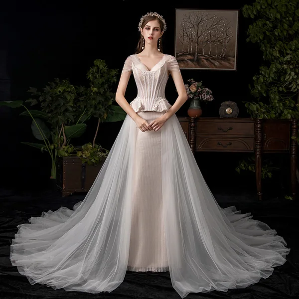 Amazing / Unique Champagne Wedding Dresses 2019 A-Line / Princess Off-The-Shoulder Pearl Lace Flower Short Sleeve Backless Chapel Train