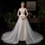 Amazing / Unique Champagne Wedding Dresses 2019 A-Line / Princess Off-The-Shoulder Pearl Lace Flower Short Sleeve Backless Chapel Train
