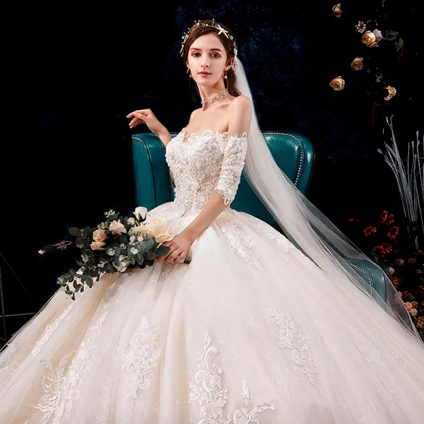 Luxury / Gorgeous Champagne Wedding Dresses 2019 Ball Gown Off-The-Shoulder Beading Sequins Pearl Lace Flower Appliques Short Sleeve Backless Royal Train