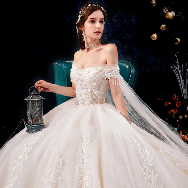 Charming Champagne Wedding Dresses 2019 A-Line / Princess Off-The-Shoulder Beading Tassel Pearl Lace Flower Appliques Short Sleeve Backless Royal Train