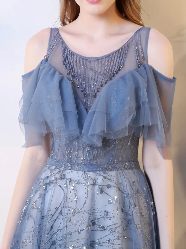 Charmant Océan Bleu Robe De Soirée 2019 Princesse Encolure Dégagée Perlage Cristal Paillettes Manches Courtes Dos Nu Train De Balayage Robe De Ceremonie