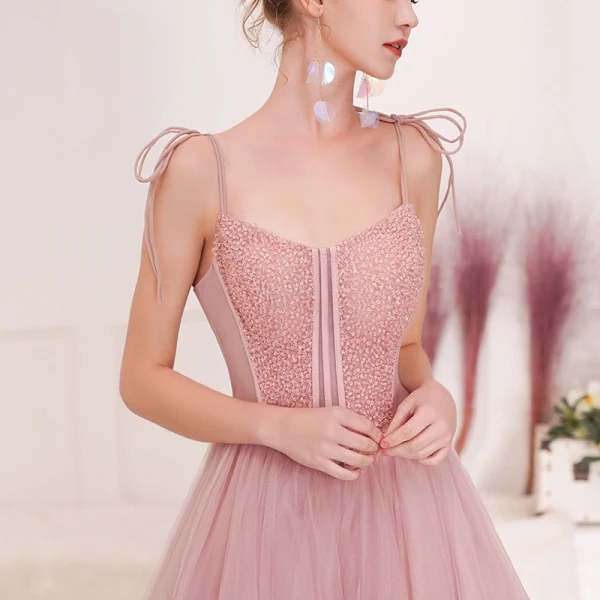Chic / Belle Rougissant Rose Robe De Soirée 2019 Princesse Bretelles Spaghetti Noeud Perlage Paillettes Sans Manches Dos Nu Longue Robe De Ceremonie