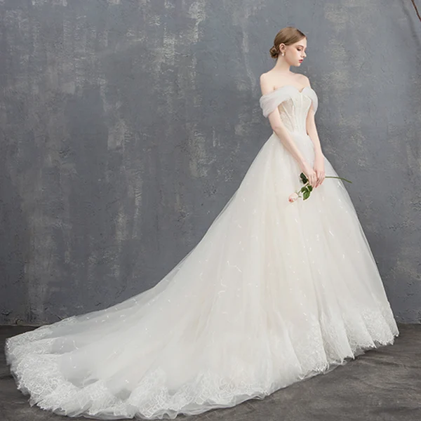 Elegant Champagne Wedding Dresses Ball Gown Lace Off-The-Shoulder Backless Sleeveless Chapel Train Wedding