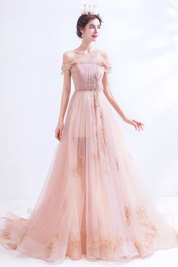 Mode Perle Rose Robe De Soirée 2021 Princesse De l'épaule Glitter Perlage Faux Diamant Paillettes Sans Manches Dos Nu Train De Balayage Robe De Ceremonie