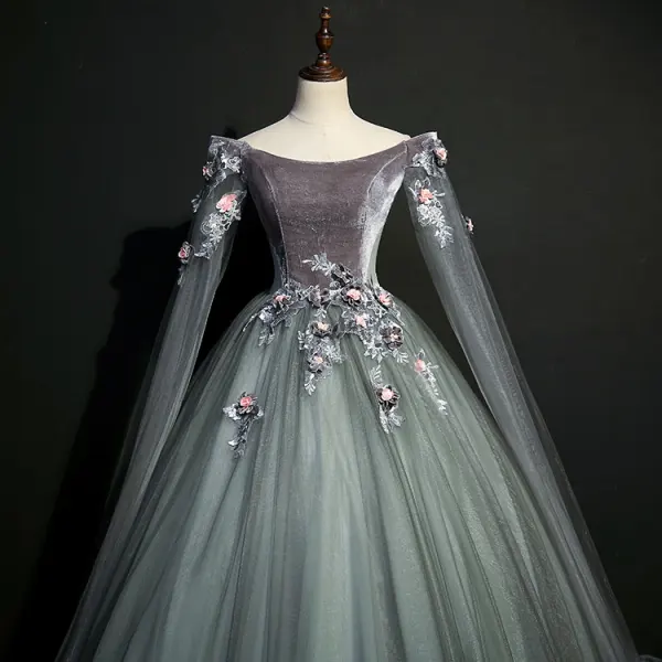 Élégant Gris Robe De Bal 2019 Princesse Encolure Dégagée Paillettes En Dentelle Fleur Manches Longues Dos Nu Longue Robe De Ceremonie