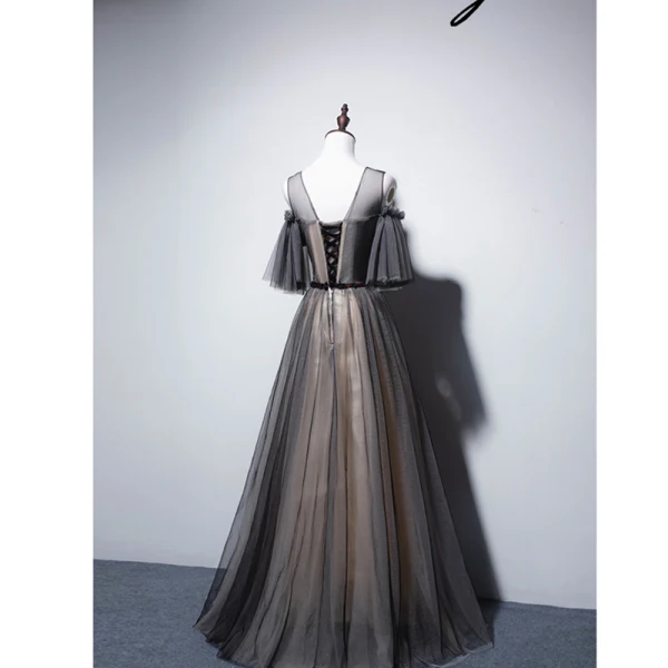 Eleganta Svarta Aftonklänningar 2019 Prinsessa Urringning Beading Kristall Appliqués Korta ärm Halterneck Långa Formella Klänningar