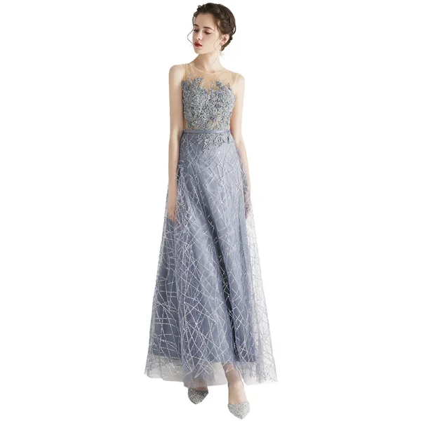 Chic / Belle Bleu Ciel Robe De Soirée 2019 Princesse Encolure Dégagée Perlage En Dentelle Fleur Appliques Faux Diamant Sans Manches Longue Robe De Ceremonie