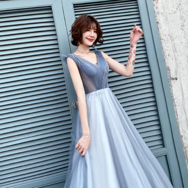 Élégant Bleu Robe De Soirée 2019 Princesse V-Cou Perlage Cristal Sans Manches Dos Nu Longue Robe De Ceremonie