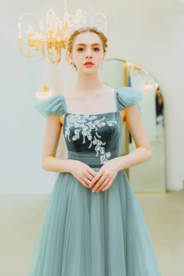 Elegant Jade Green Evening Dresses 2019 A-Line Princess Square Neckline Suede Lace Long