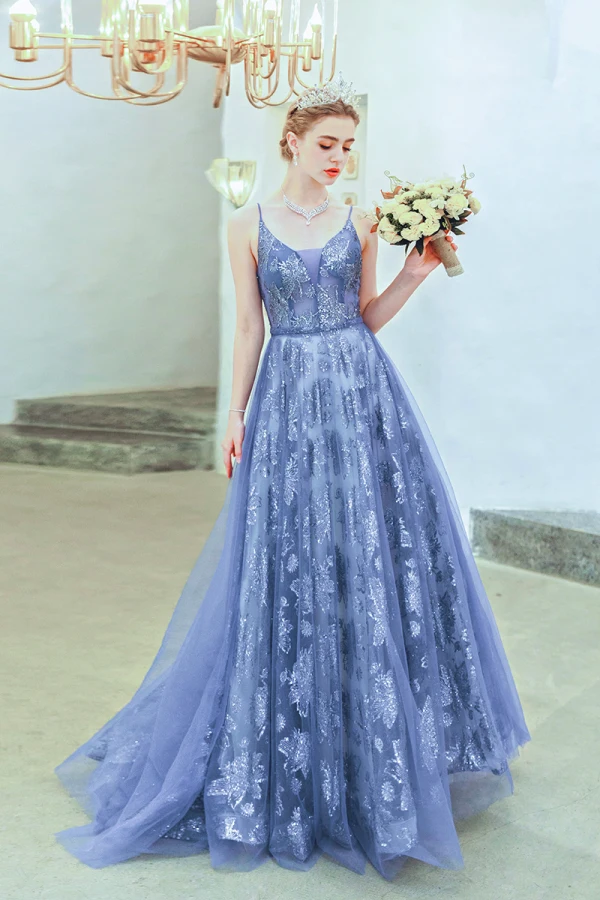 Chic / Beautiful Ocean Blue Evening Dresses 2019 A-Line / Princess Spaghetti Straps Beading Crystal Lace Flower Sleeveless Backless Floor-Length / Long Formal Dresses