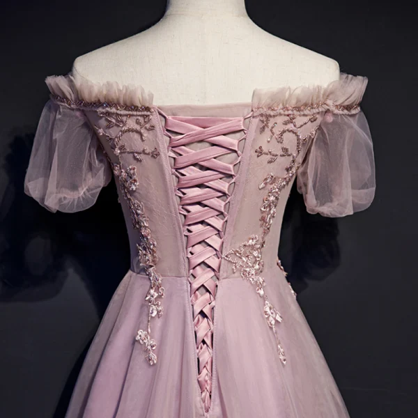 Style Victorien Rougissant Rose Robe De Soirée 2019 Princesse Volants De l'épaule Perlage En Dentelle Fleur Manches Courtes Dos Nu Longue Robe De Ceremonie