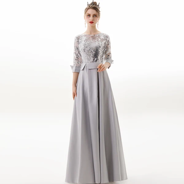Modern / Fashion Silver Evening Dresses  2019 A-Line / Princess Scoop Neck Sequins 3/4 Sleeve Backless Floor-Length / Long Formal Dresses