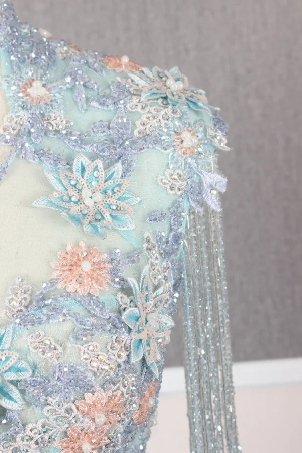 High End Blau Handgefertigt Perlenstickerei Abendkleider 2019 A Linie Eckiger Ausschnitt Kristall Quaste Perle Strass Pailletten Spitze Blumen Applikationen Ärmellos Sweep / Pinsel Zug Festliche Kleider