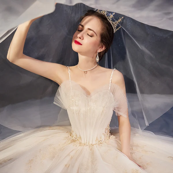 High-end Champagne Wedding Dresses 2019 A-Line / Princess Spaghetti Straps Ruffle Beading Sequins Lace Flower Sleeveless Backless Chapel Train