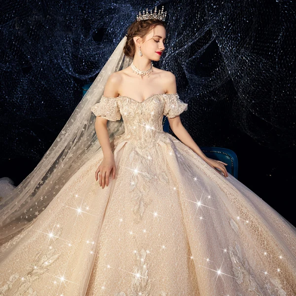 Luxury / Gorgeous Victorian Style Champagne Wedding Dresses 2019 A-Line / Princess Off-The-Shoulder Rhinestone Sequins Lace Flower Short Sleeve Backless Royal Train