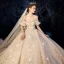 Luxury / Gorgeous Victorian Style Champagne Wedding Dresses 2019 A-Line / Princess Off-The-Shoulder Rhinestone Sequins Lace Flower Short Sleeve Backless Royal Train