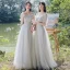 Élégant Gris Robe Demoiselle D'honneur 2021 Princesse Manches Courtes Dos Nu Appliques En Dentelle Fleur Longue Demoiselle D'honneur Robe Pour Mariage