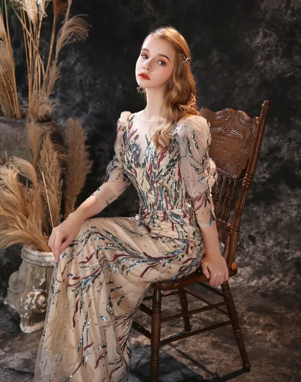 High-end Champagne Evening Dresses  2021 Trumpet / Mermaid Scoop Neck Beading Sequins Lace Flower 3/4 Sleeve Floor-Length / Long Evening Party Formal Dresses